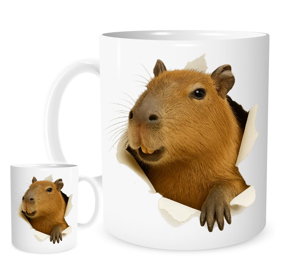Funny Capybara Mug – 11oz Ceramic Coffee Cup with Torn Paper Peek Design – Cute Animal Lover Gift for Men, Women, Kids