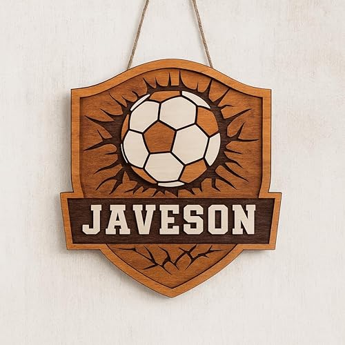 Miniatura 7 de Letrero personalizado con nombre de fútbol  Placa de madera en capas 3D personalizada, decoración de pared de abedul de 5 capas, decoración de sala