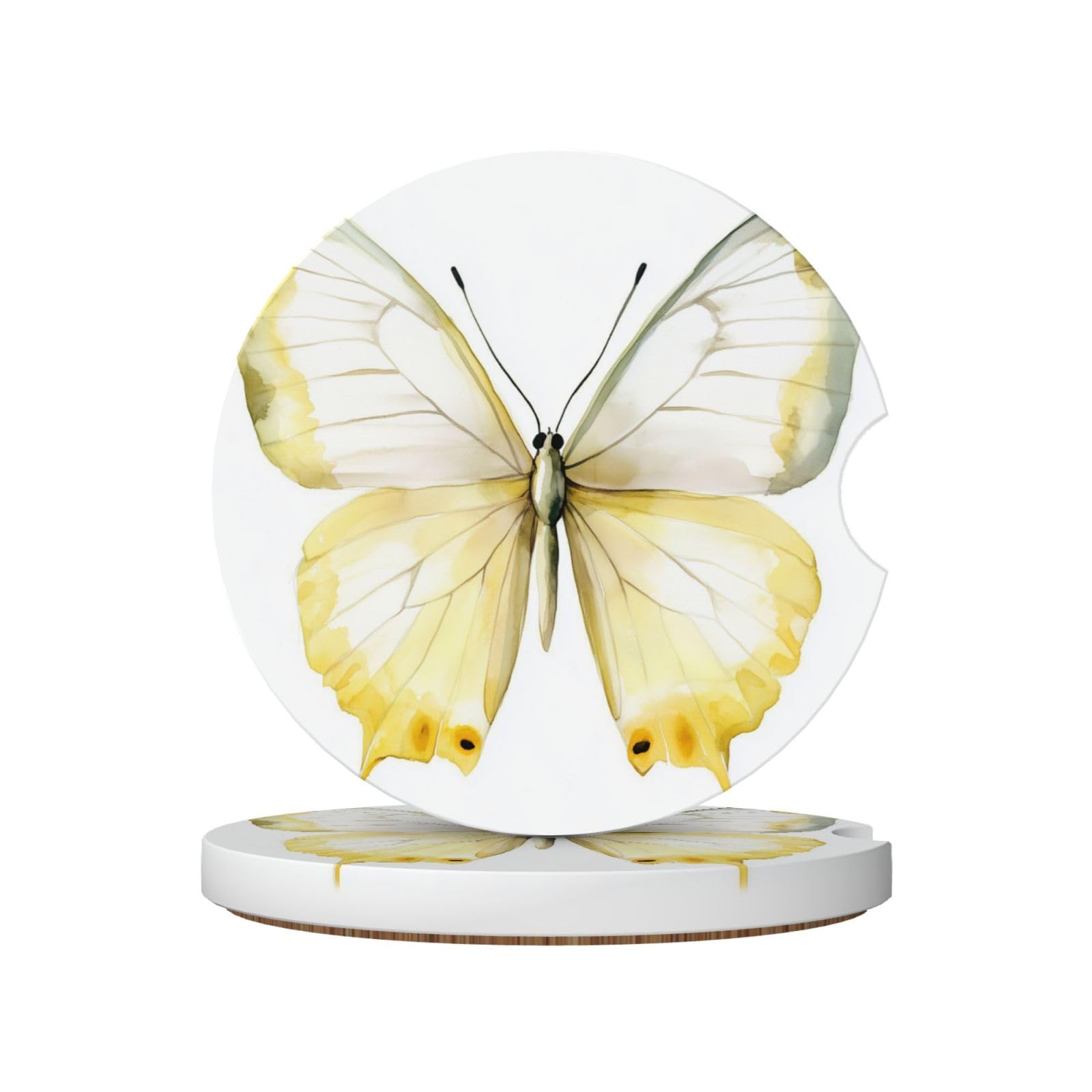 Watercolor Pale Yellow and White Butterfly Ceramic Coasters,2pcs