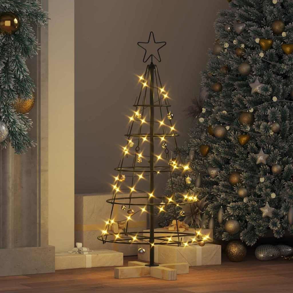 Albero di Natale a forma di cono, nero, 90 cm, in acciaio, con supporto in legno di pino, stabile, per soggiorno e esterni protetti, decorazione natalizia moderna, salvaspazio e realistico