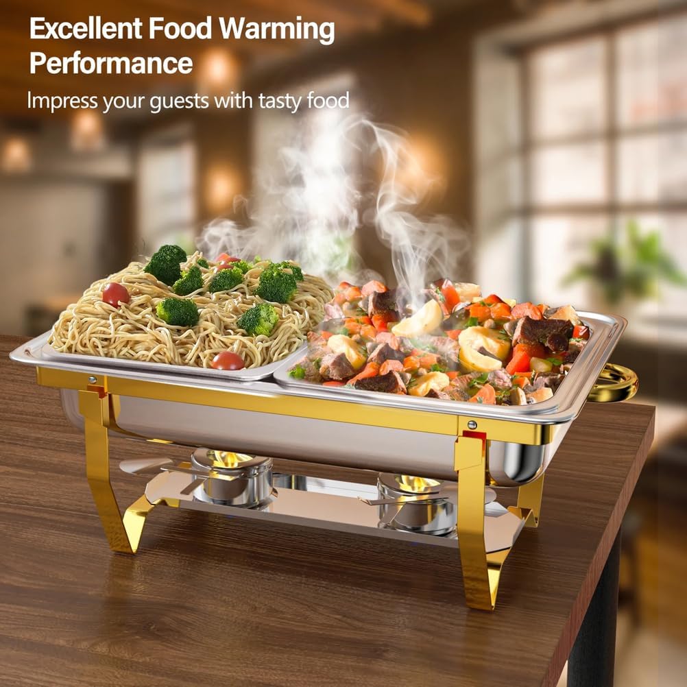 Juego de 4 platos de acero inoxidable de 9 cuartos de galón, con tapas y sartenes, calentadores de alimentos apilables con marco plegable, para fiestas, catering, eventos de vacaciones