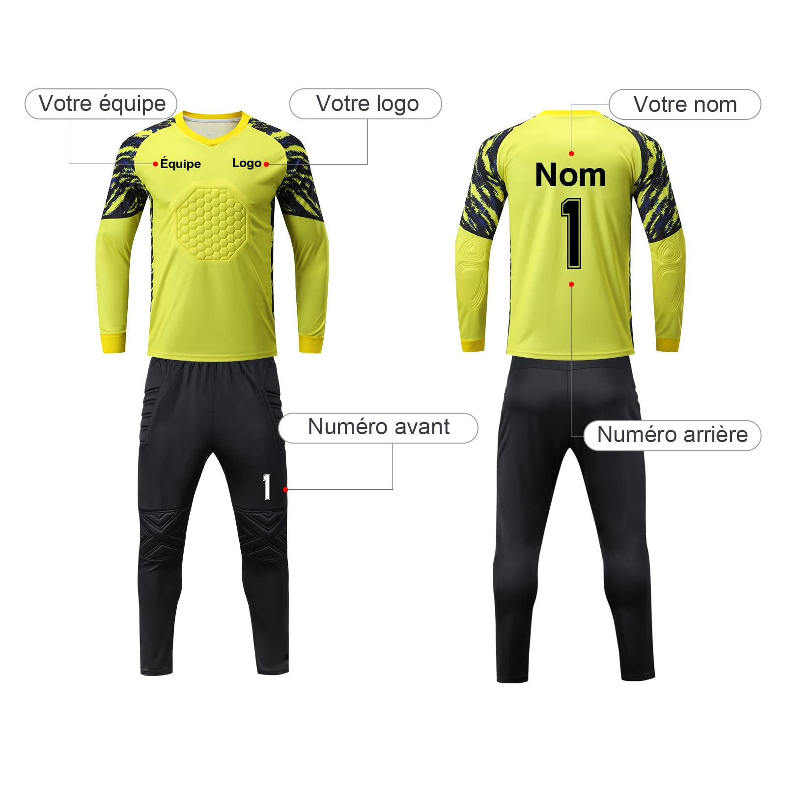 Maillot de Gardien de But Enfant Homme avec Le Logo de Numéro de Nom Football Maillot Rembourré et Pantalon Foot