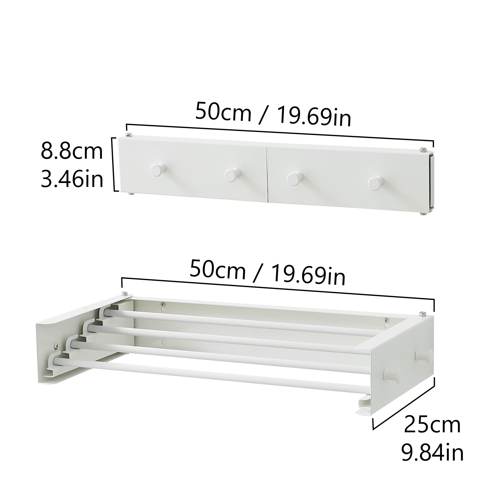 RFOUO Stendibiancheria da parete, bianco, 50 cm, con ganci | Stendibiancheria pieghevole salvaspazio per lavanderia, balcone, bagno, 4 aste in alluminio, capacità 18,1 kg