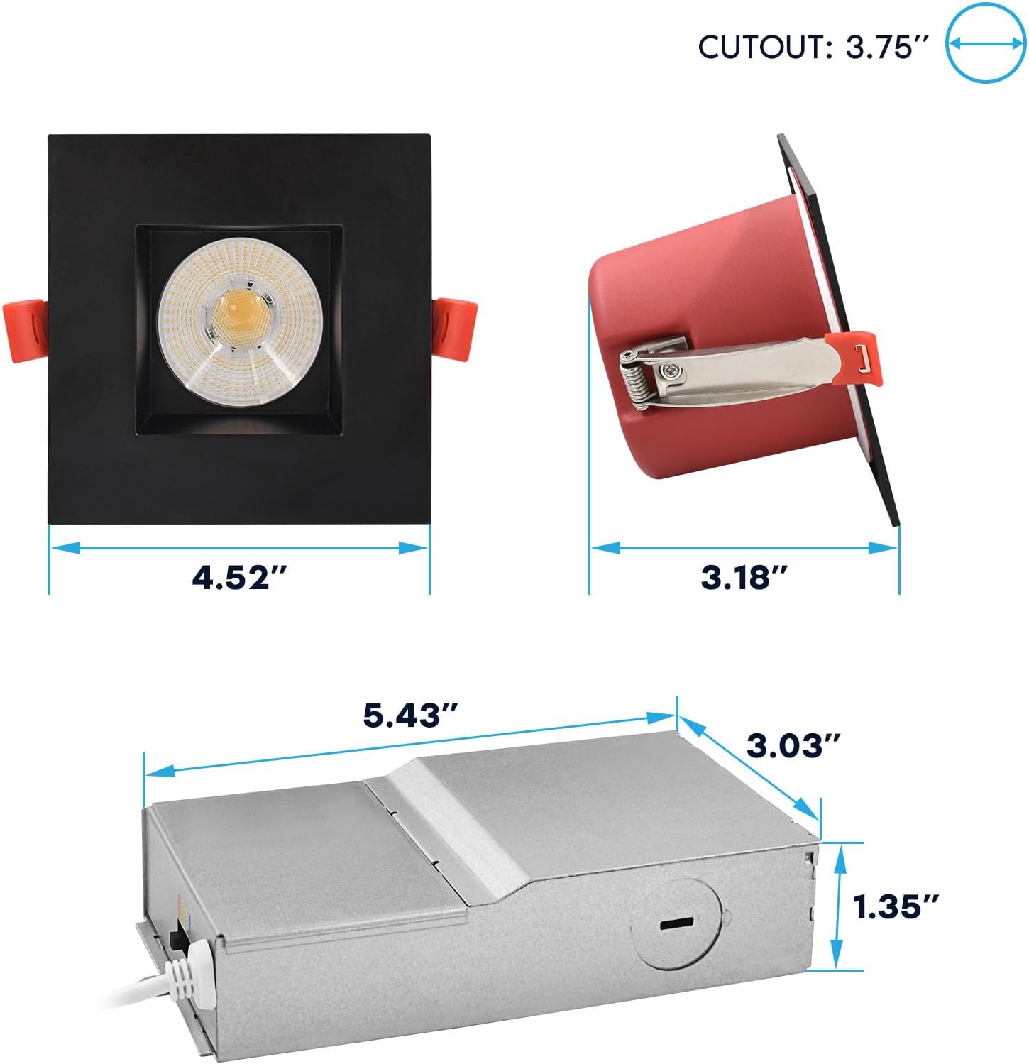 LUXRITE 6-Pack 4 Inch Square LED Recessed Lights with J-Box, 5CCT 2700K-5000K, 2 Hour Fire Rating, 15 Watts, 1000 Lumens, 38° Spotlight, Dimmable, IC Rated, Wet Rated, ETL - Black Trim