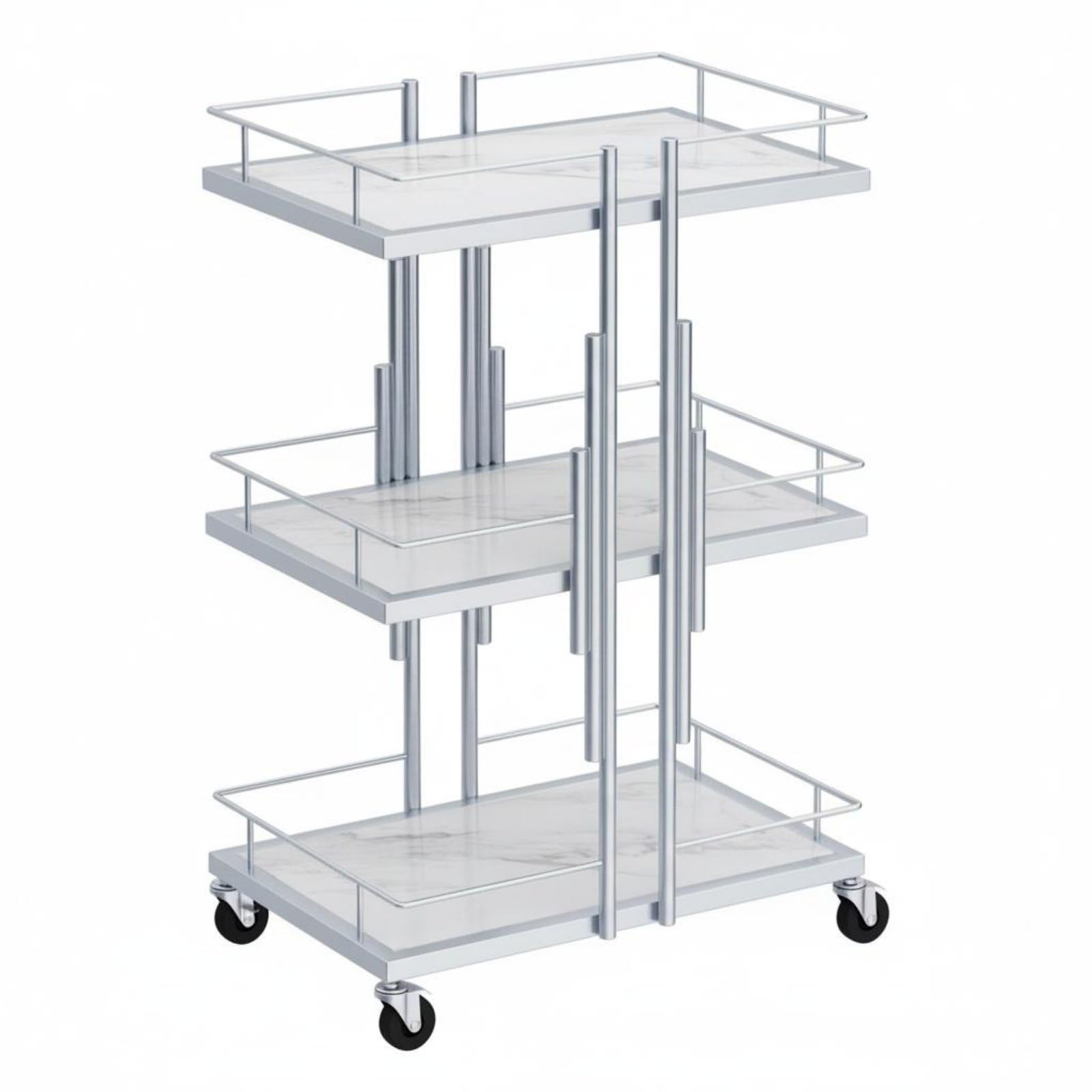 Carro de Salón con Niveles Mueble Organizador Metálico Estantes Imitación Mármol Ruedas Giratorias Suaves Adecuado para Centro de Estética Barbería Dormitorio, Plata