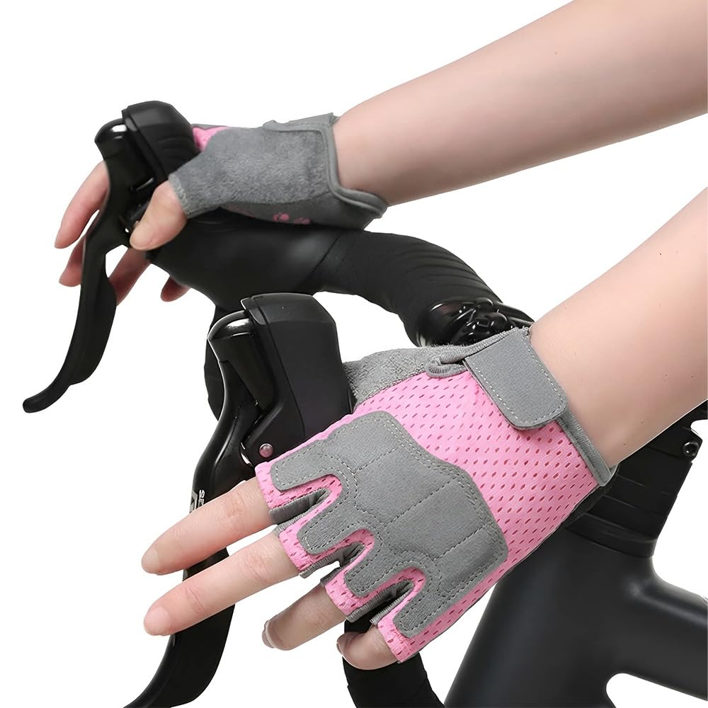 Fahrradhandschuhe Kinder, rutschfeste, Atmungsaktive, Unisex Fingerlose Handschuhe, Schutzpalmen, Kinder Sporthandschuhe für Radfahren, Eislauf, Roller, und Sportarten Im Freien(Rosa)
