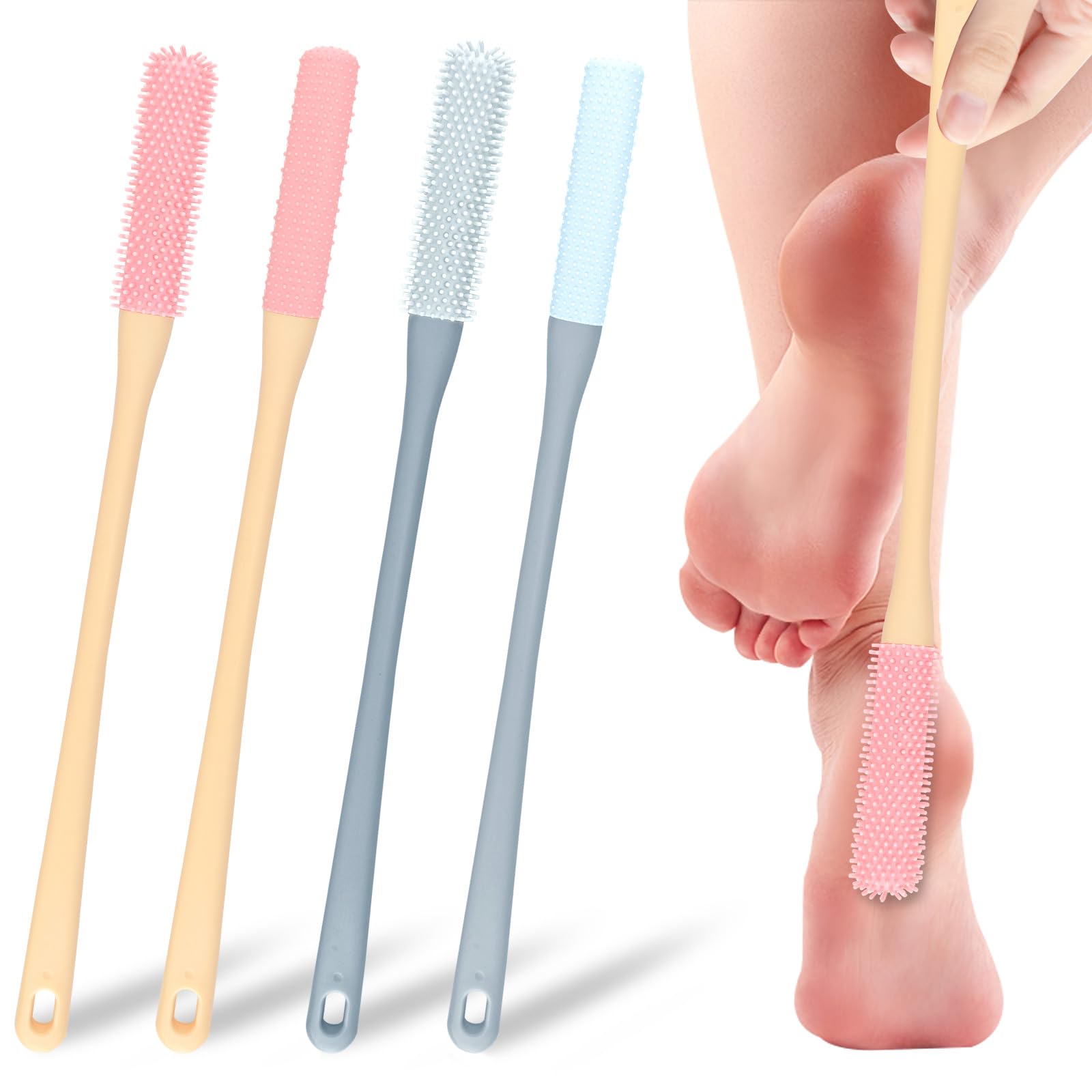 Huakaile 4 Pack Toe Cleaning Brush Set, Silicone Foot Scrubber in Shower with Long Handle