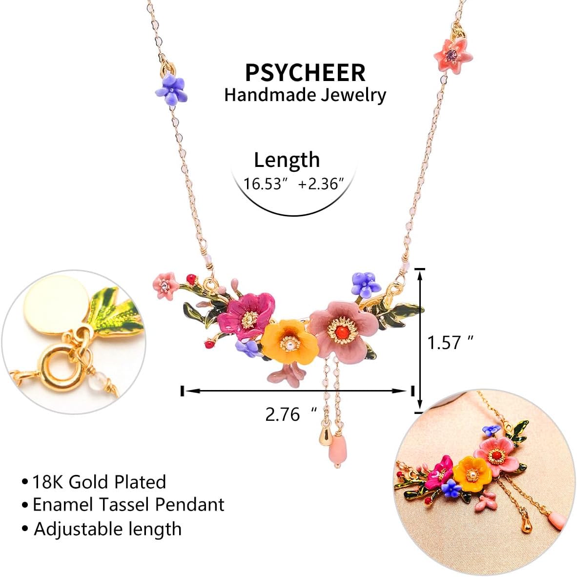 Flower Tassel Necklace for Women - Handmade Enamel with Zirconia & Pearl Jewelry, 18K Gold Plated Adjustable Chain Gift for Anniversary & Valentine's Day - Image 5