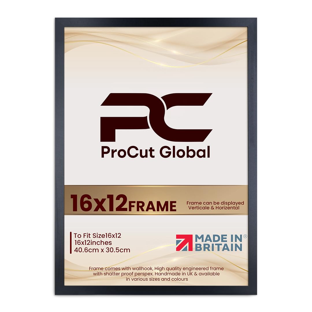 Procut Global 16X12 Matt Black Picture Frames - Modern Wooden Photo Frame with Shatterproof Perspex for Wall or Tabletop - Perfect for Posters, Certificates, Prints - Sizes & Colors Available
