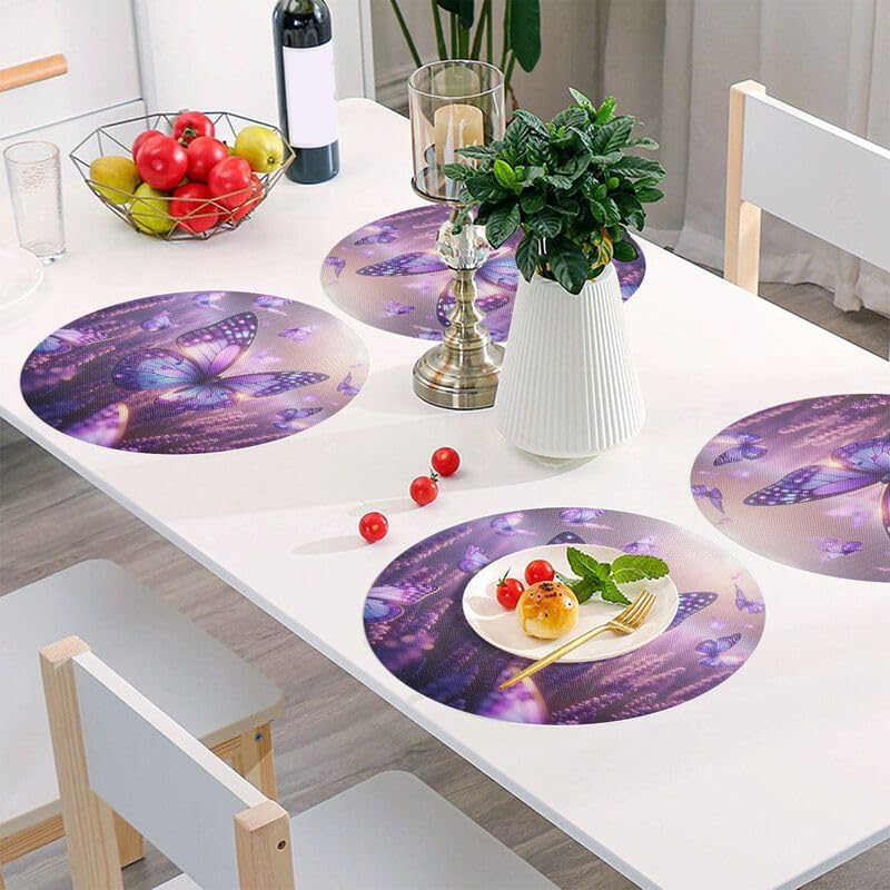ODAWA Purple Butterflies Lavender Placemat Washable Round Table Mats Indoor/Outdoor Vinyl Place Mats for Dining Table