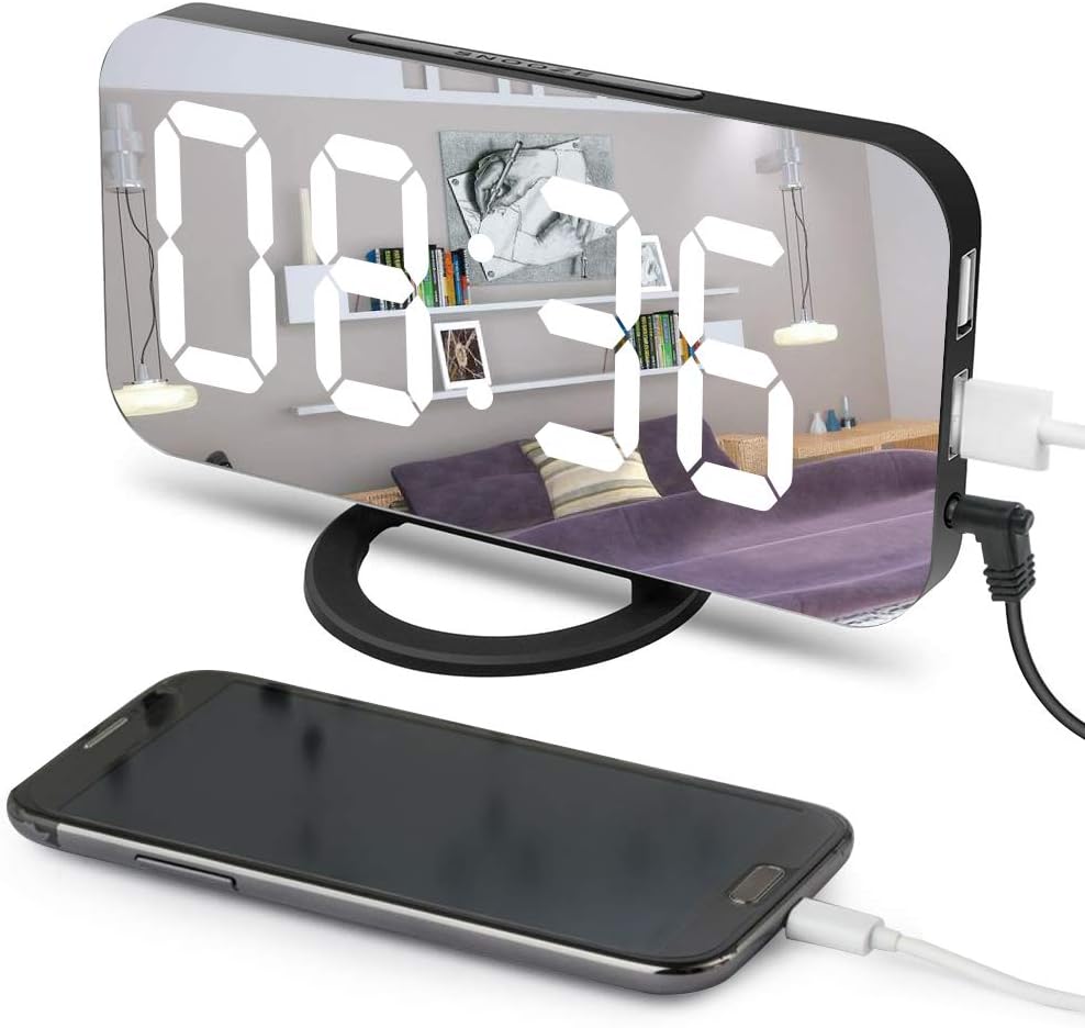 OFNMY Alarm Clock 6.5" Large LED Digital Clock with Dual USB Port and Charger Diming Mode, Slim Mirror Desk Clock for Bedroom Living Room Decor