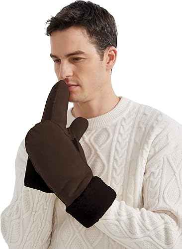 Miniatura 4 de Surblue Manoplas de gamuza de oveja de invierno para hombre, piel de oveja de alta calidad, cálido puño grueso forrado de lana de cordero