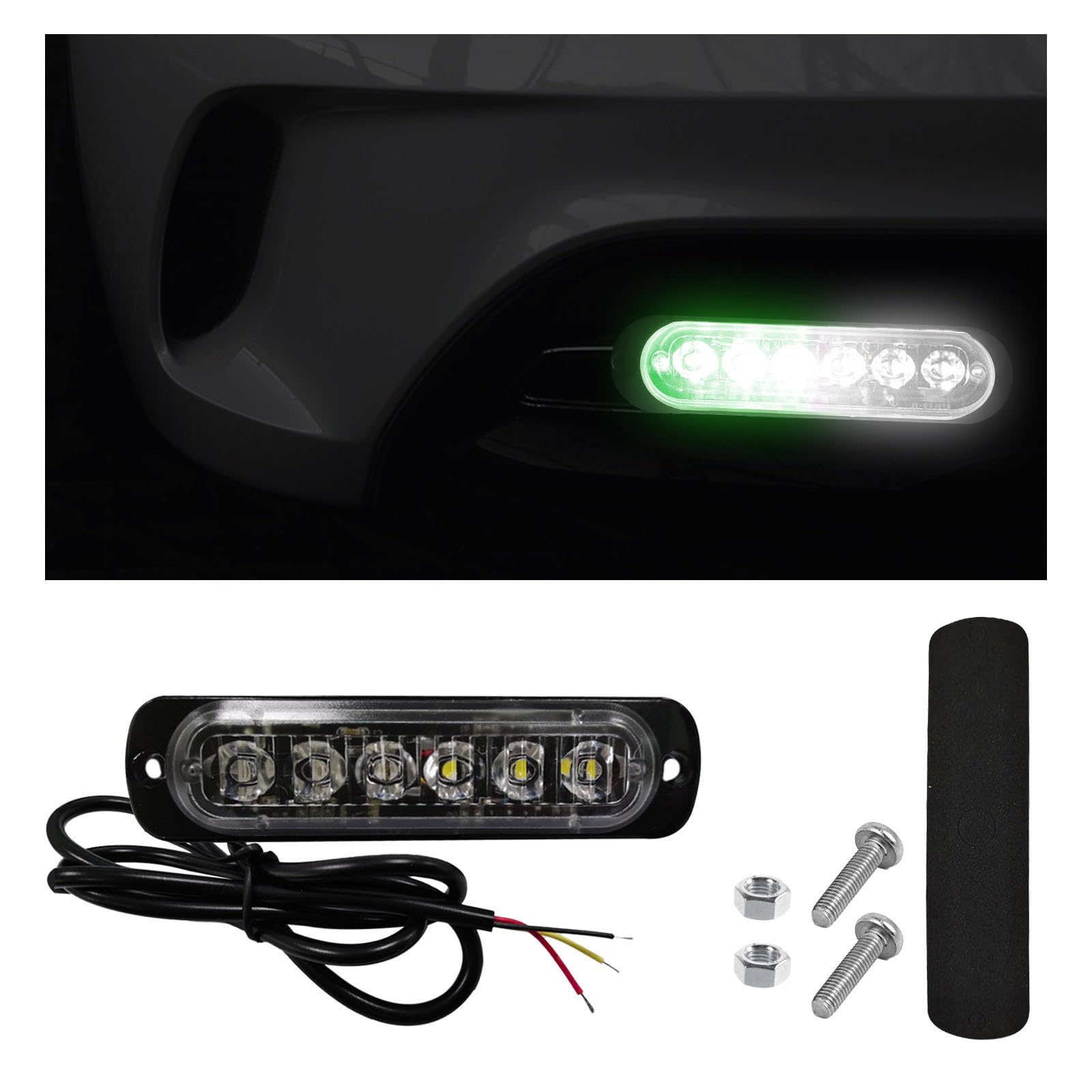LED Emergency Strobe Lights, 6 LED High Brightness Surface Mount Warning Flashing Lights, Universal Vehicle Waterproof Hazard Warning Strobe Lights for Car SUV Truck (Green & White)