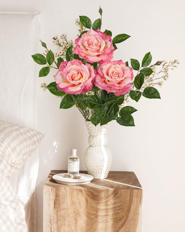 Hollyone 3Pcs Light Pink Roses Artificial Flowers Bouquets 26.3" Fake Flower Arrangements Silk Flowers Rose with Long Stem Floral Branch Faux Roses Flowers for DIY Table Centerpieces Home Decor - Image 5