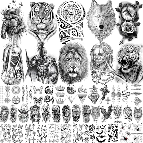 49 Sheets Tribal Black Temporary Tattoos For Women Men Adults Body Arm, Long Lasting Maori Wolf Tiger Lion Spartan Warrior Gladiator Fake Tattoo Stickers Gangster Rose Skull, Bulk Halloween Tattoos