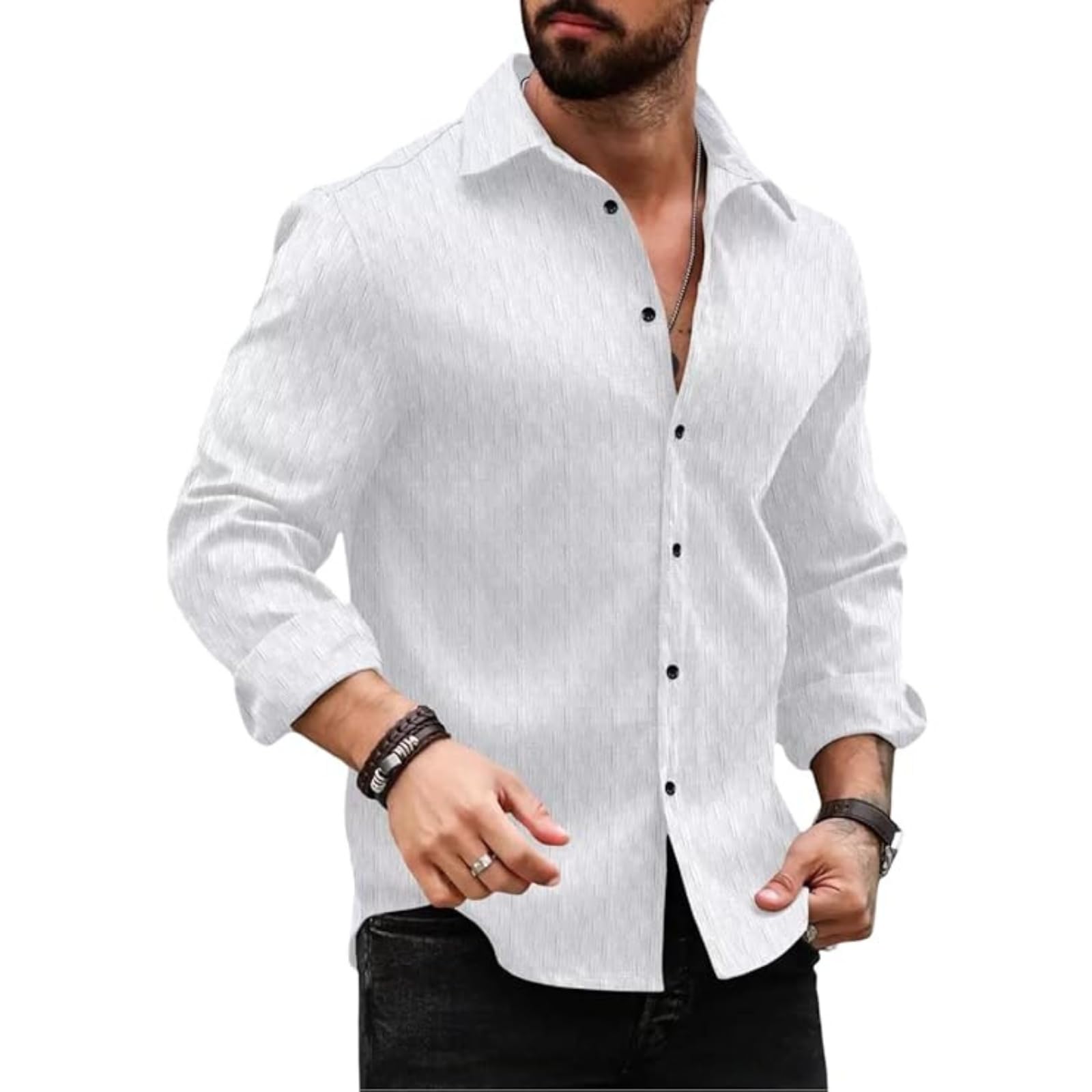 Men's Regular Fit Button Down Dress Shirts Textured Long Sleeve Casual Hawaiian Shirt