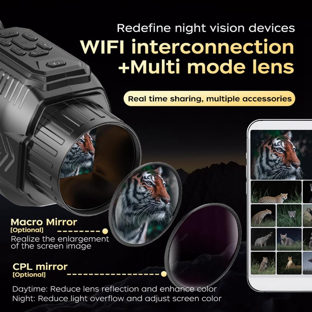 Monoculare per Visione Notturna 4K, Telescopio Digitale A Infrarossi WiFi, Monoculare con Zoom 28X da 68 MP con Obiettivo Macro + Filtro Polarizzatore