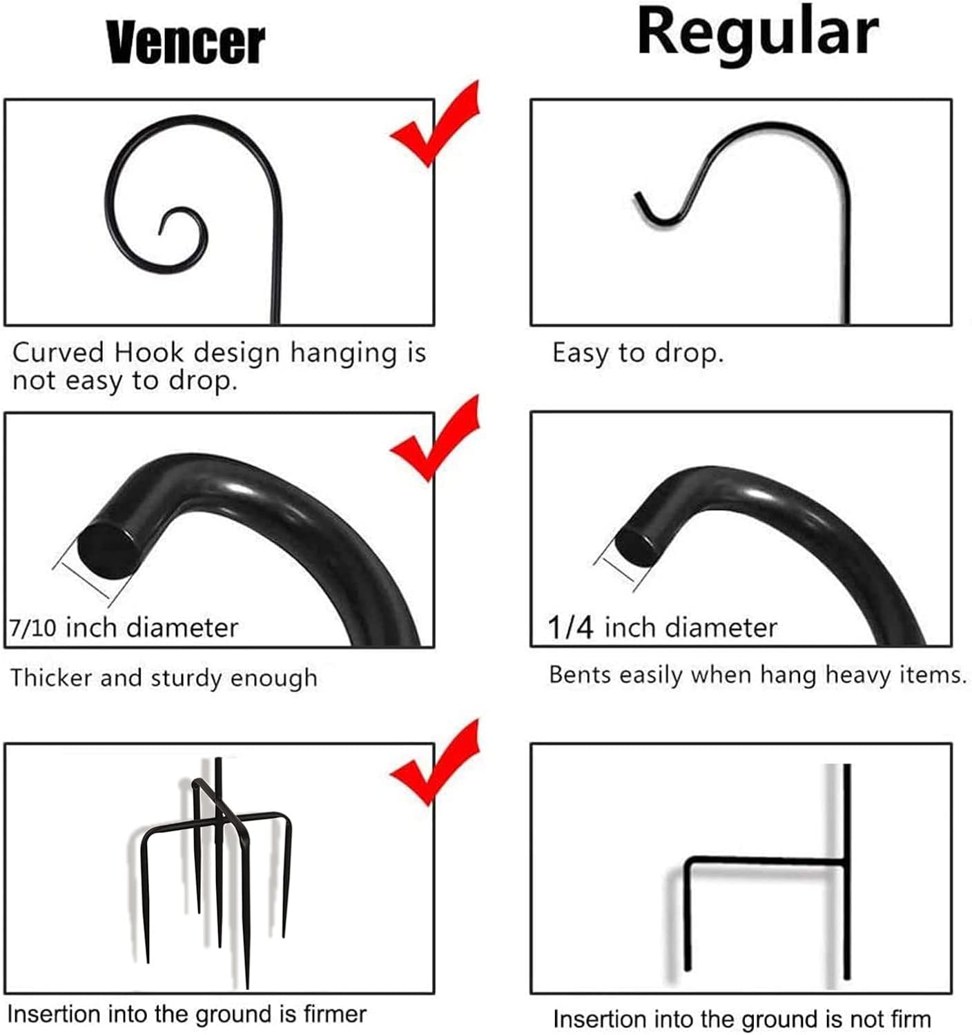 Vencer Double Shepherd Hook 63 Inch Heavy Duty Rust Resistant Premium Metal Hook for Weddings Hanging Plant Baskets Solar Lights Christmas Lights Lanterns Bird Feeders,Set of 2