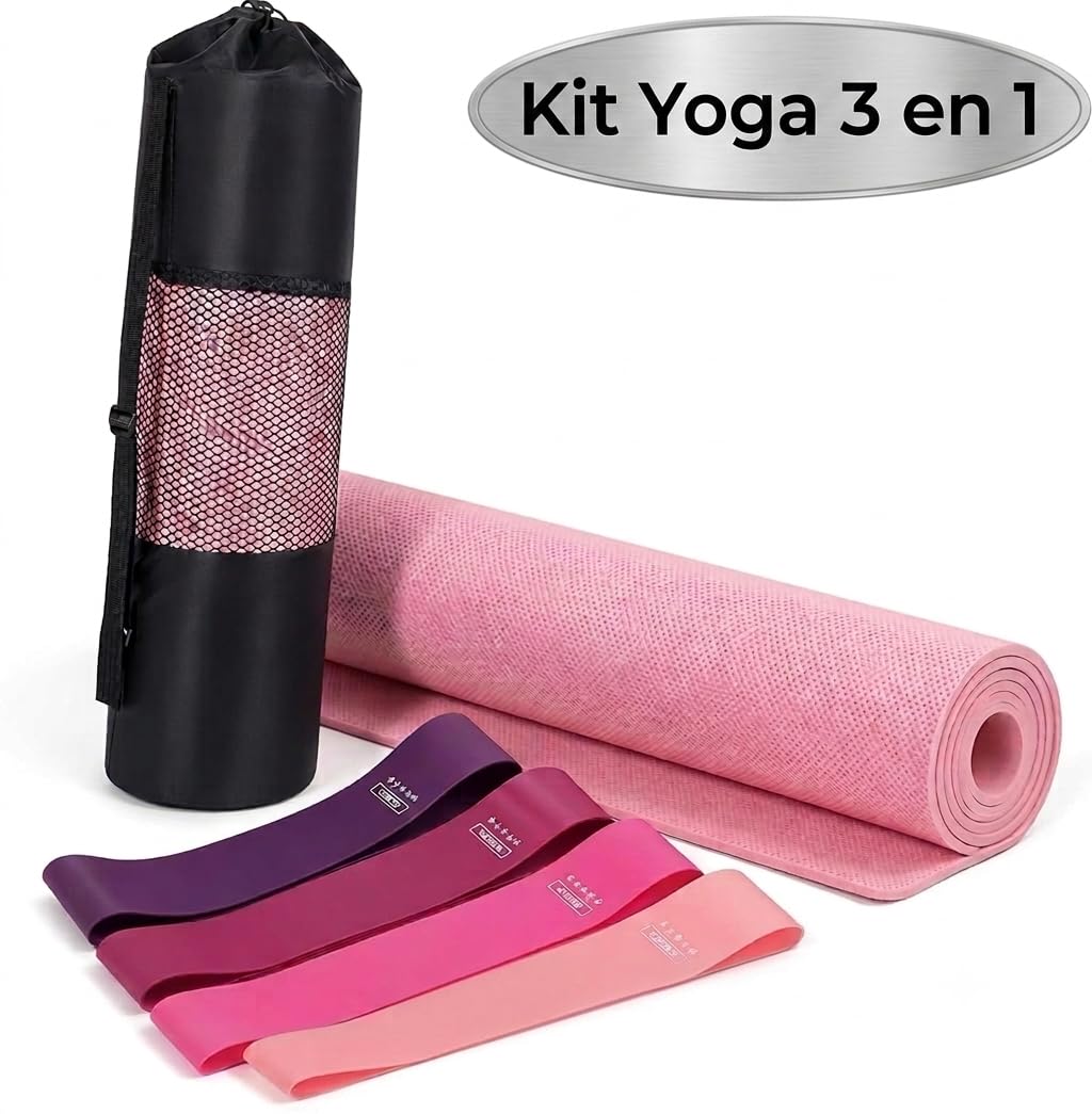 Kit Yoga 3 en 1, Tapis de Yoga Antidérapant Rose + 5 Bandes Élastiques de Résistance + Sac de Transport, Set Complet Fitness et Pilates
