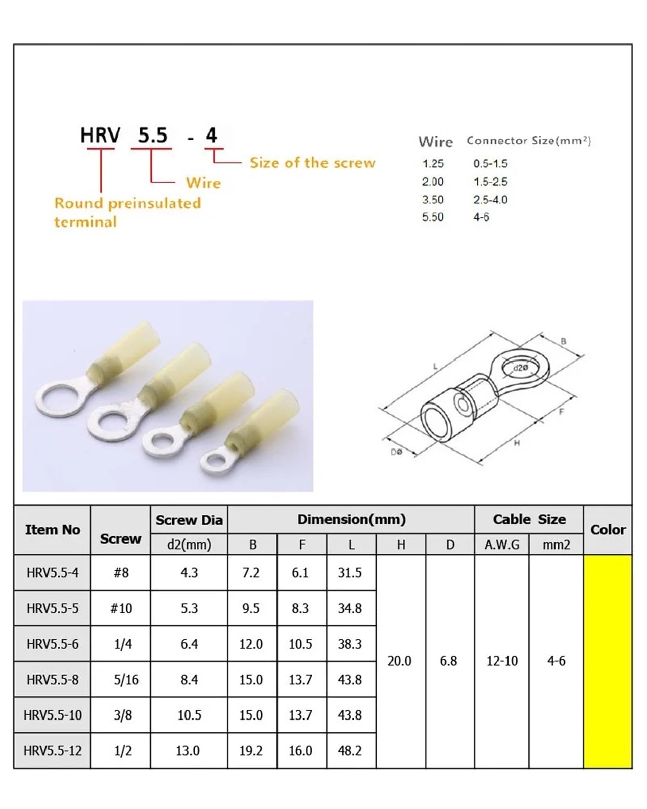 Terminal termorretráctil aislado conector de Cable eléctrico 12-10 AWG anillo amarillo M4 M5 M6 M8 M10 M12 Para Engarzar Bricolaje y Electricistas