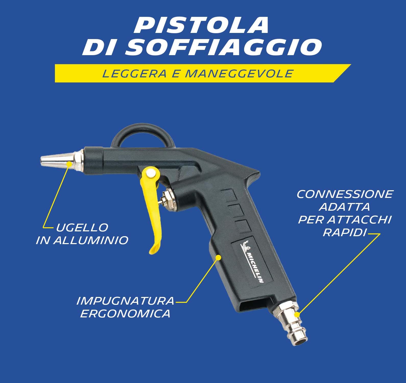 MICHELIN – Pistola Soffiaggio in Alluminio, con Ugello da 25mm x D.2 mm, Pressione Max. 8 BAR