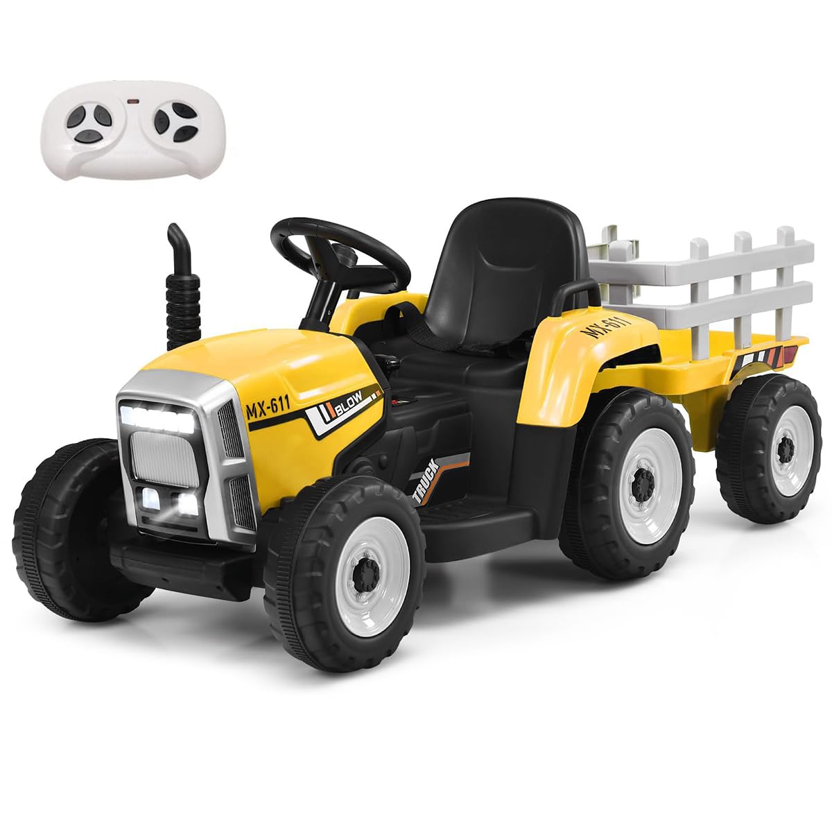 RELAX4LIFE Trattore Elettrico per Bambini 12V con Rimorchio Rimovibile, Telecomandato, 3 Velocità, Luce, Suoni, Musica, Clacson, USB,Portata 30 KG, 3 Anni+ (GIALLO)