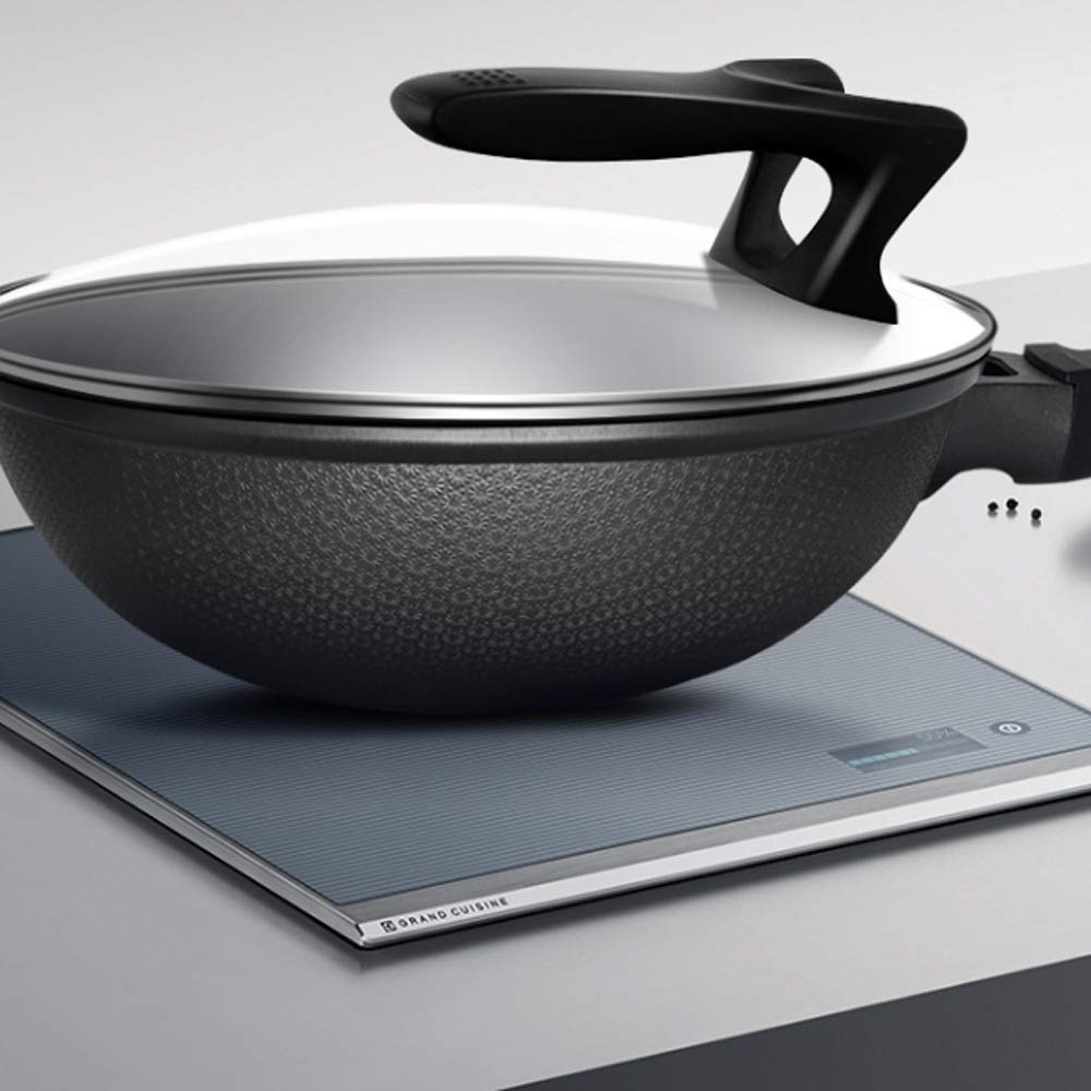 Wok in Lega di Alluminio con Supporto, Coperchio in Vetro, Wok Antiaderente Leggero per Saltare in Padella, Manico Ergonomico, AntiGraffio, 30 Cm