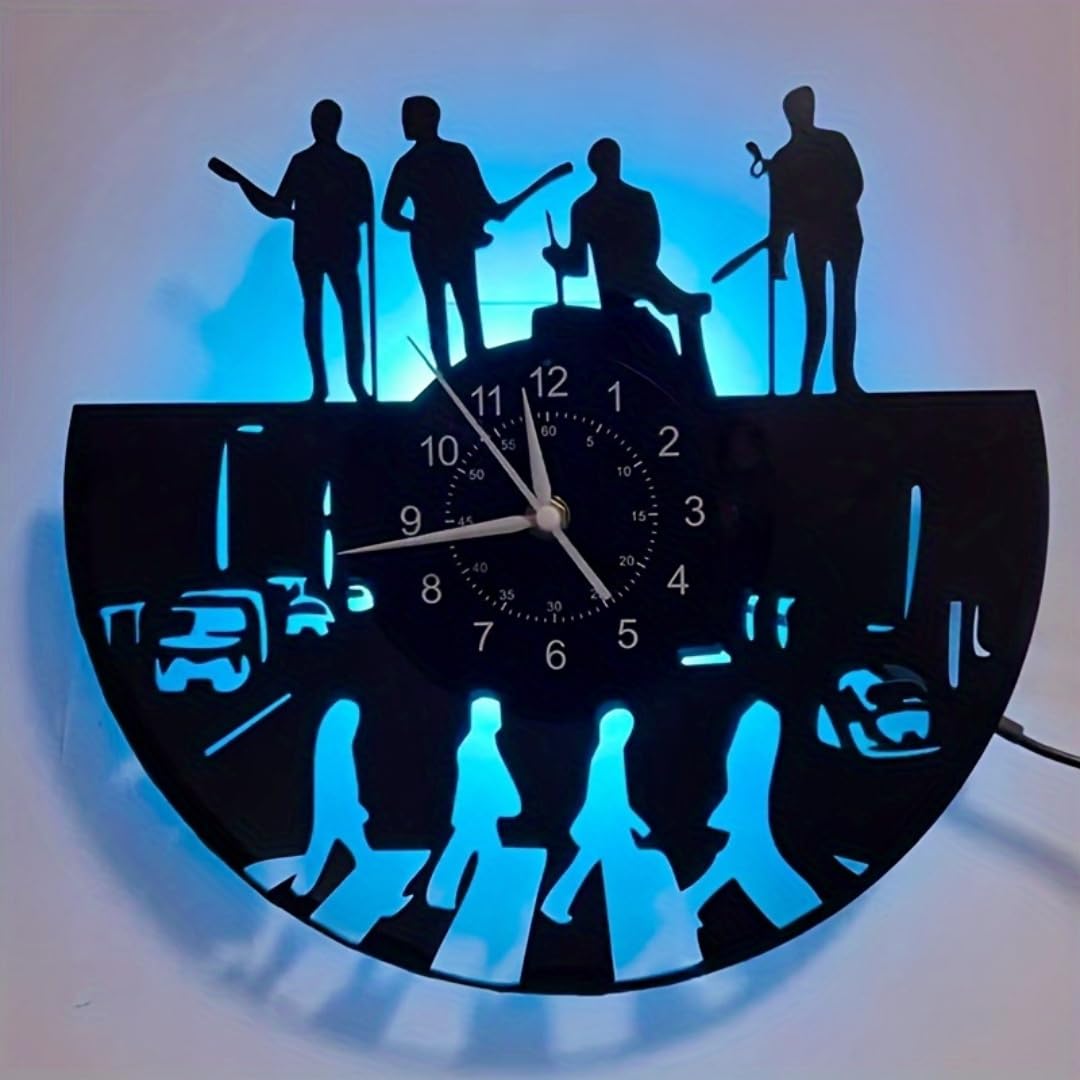 Horloge murale LED en vinyle avec motif bande de musique, horloge murale rétro avec rétroéclairage 7 couleurs, horloge murale décorative musicale, cadeau pour les amateurs de musique