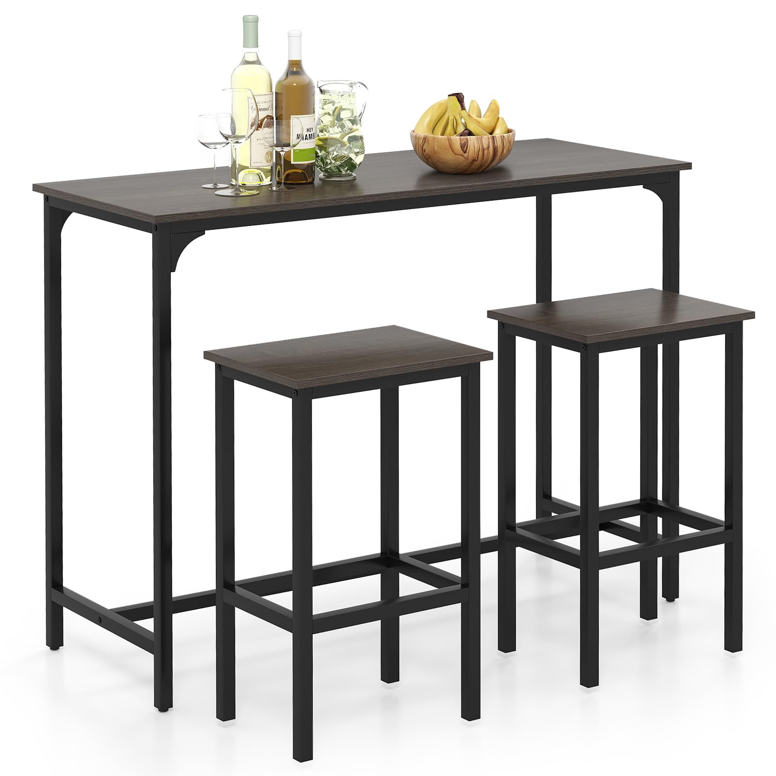 GIANTEX Juego de Muebles de Bar 3 Piezas, Mesa de Bar Rectangular y 2 Taburetes con Reposapiés, Diseño Compacto, para 2 Personas, Muebles para Comedor, Cocina (Gris)