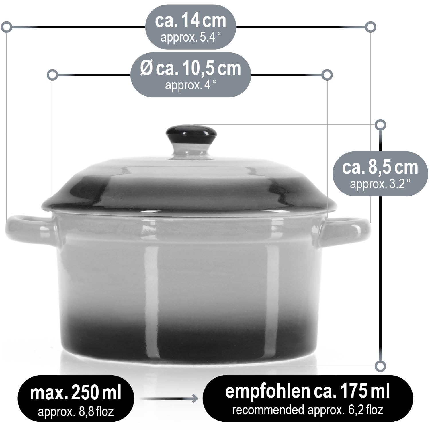 COM-FOUR® 4x cocotte avec couvercle en céramique - bol à dessert pour crème brûlée - mini cocotte pour aileron de ragoût et viande assaisonnée - gris, env. 250/175 ml par plat