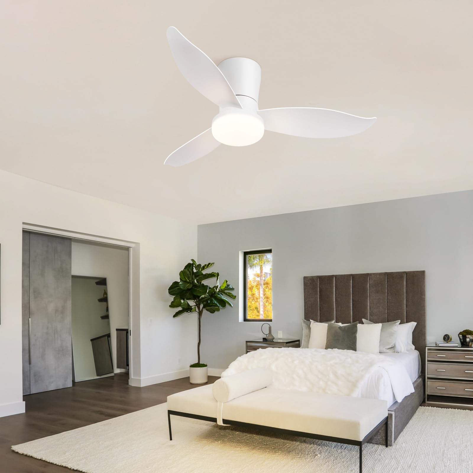 Homefire Ventilador de techo luz - Ventilador de techo silencioso de 3 aspas con luz, blanco, brillo ajustable, 6 velocidades, control remoto Lámpara de techo para dormitorio o cocina