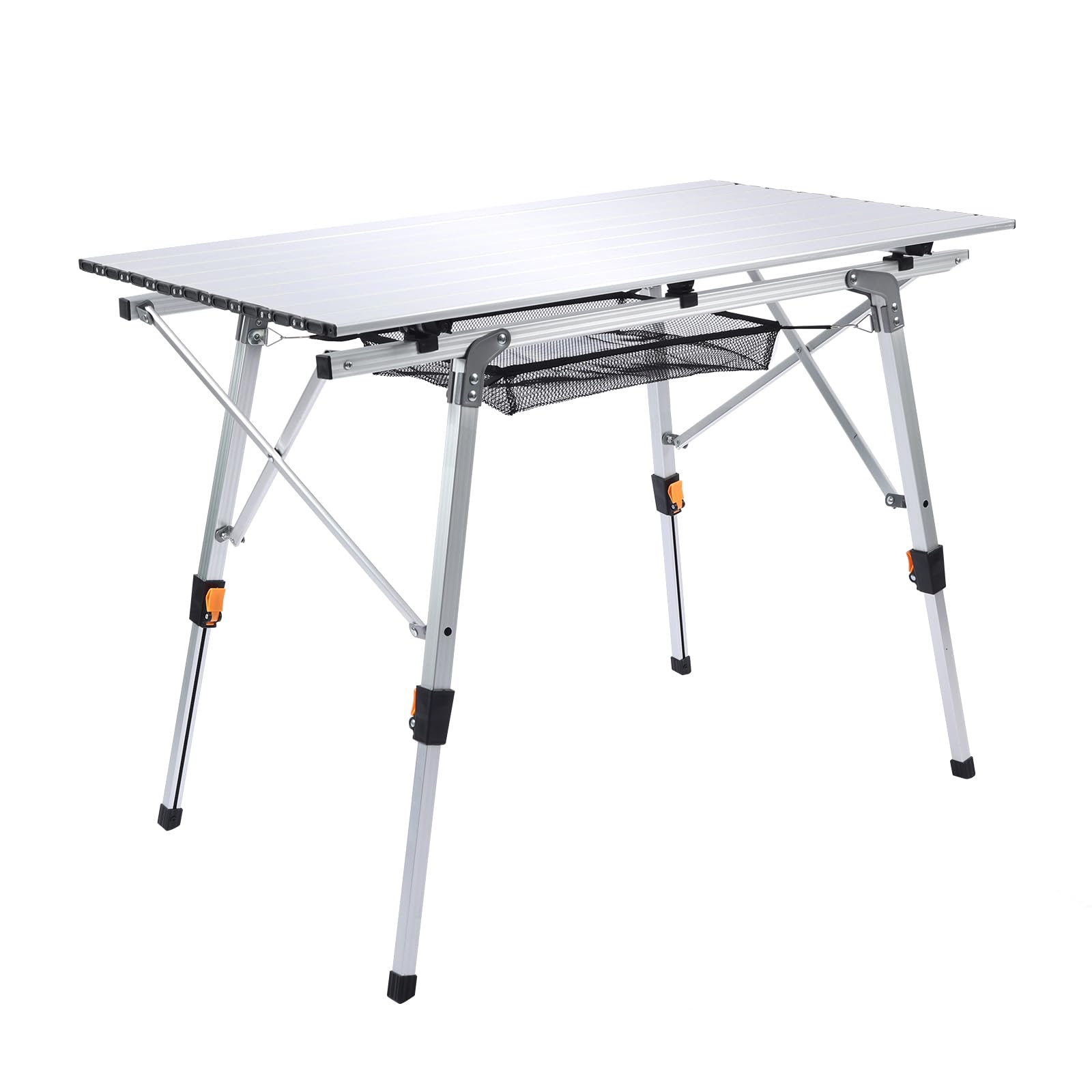 Folding Outdoor Camping Table with Adjustable Legs, Lightweight Aluminum Roll Up Camp Table with Carrying Bag, Mesh Storage Organizer, for Cooking, Picnic, Beach, Backyards, BBQ, Party
