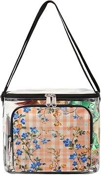 Clear Lunch Bag for Work Blue Flower Cube Lunch Box for Women Transparent PVC Lunch Bags with Adjustable Strap Front Pocket Reusable Stadium Approved Clear Lunch Tote Bag