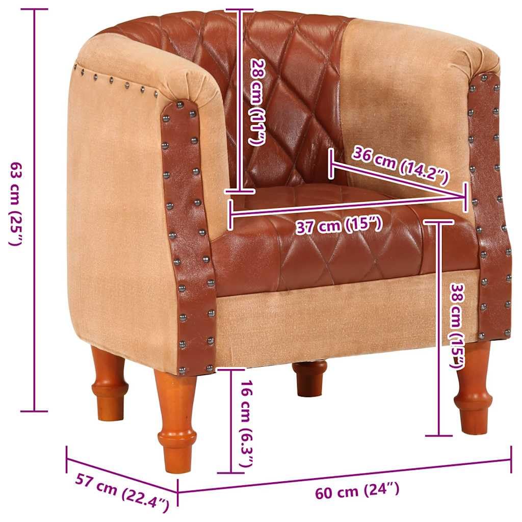 Brązowy fotel z prawdziwej skóry, lite drewno mango, 60 x 57 x 64 cm, wygodny fotel do salonu, sypialni, czytelni, przytulne siedzisko dla dorosłych