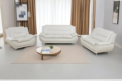 Conjunto de sofá de cuero blanco moderno - 3 plazas + 2 plazas, sofá individual adecuado para sala de estar contemporánea, estilo claro, material y