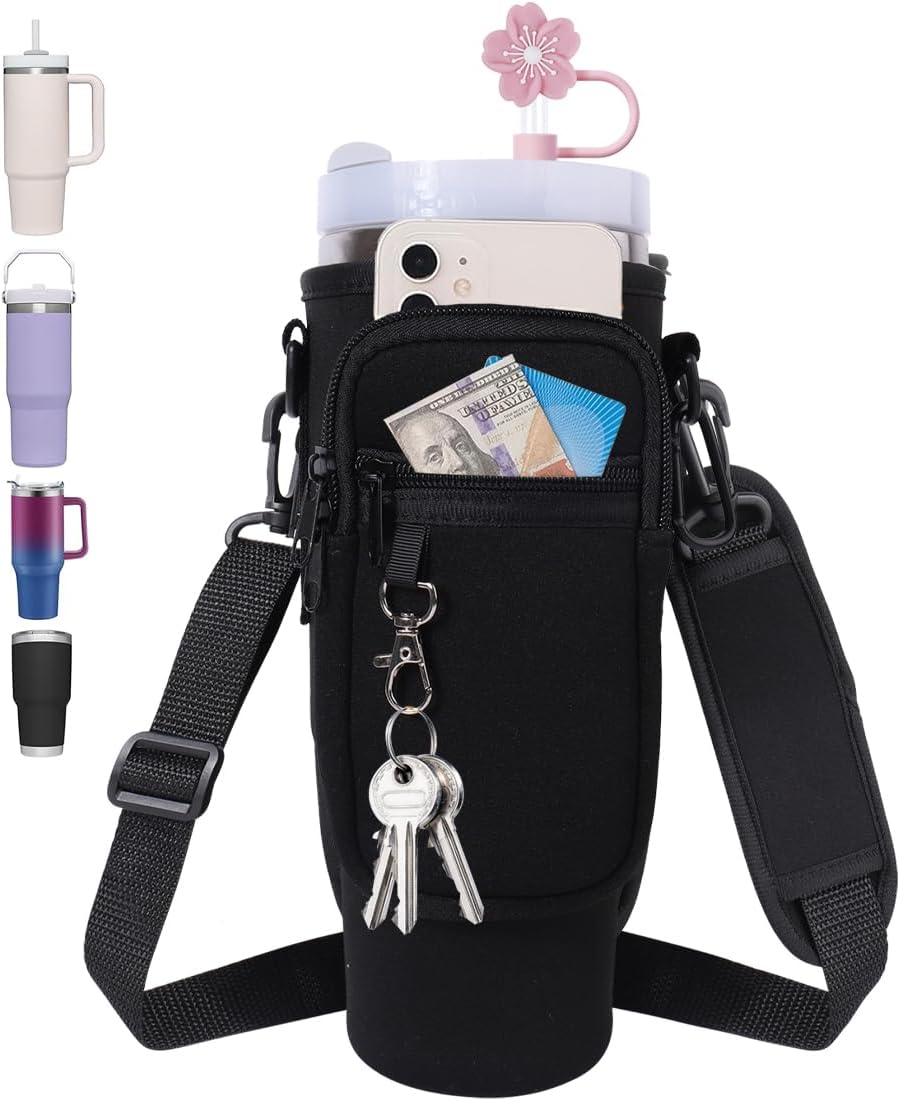 Neoprene Water Bottle Carrier Bag Holder with Phone Pocket & Carabiner - Adjustable Strap for Stanley 30/40 oz Tumblers, Double Zipper Pouch Cup Accessories,Black
