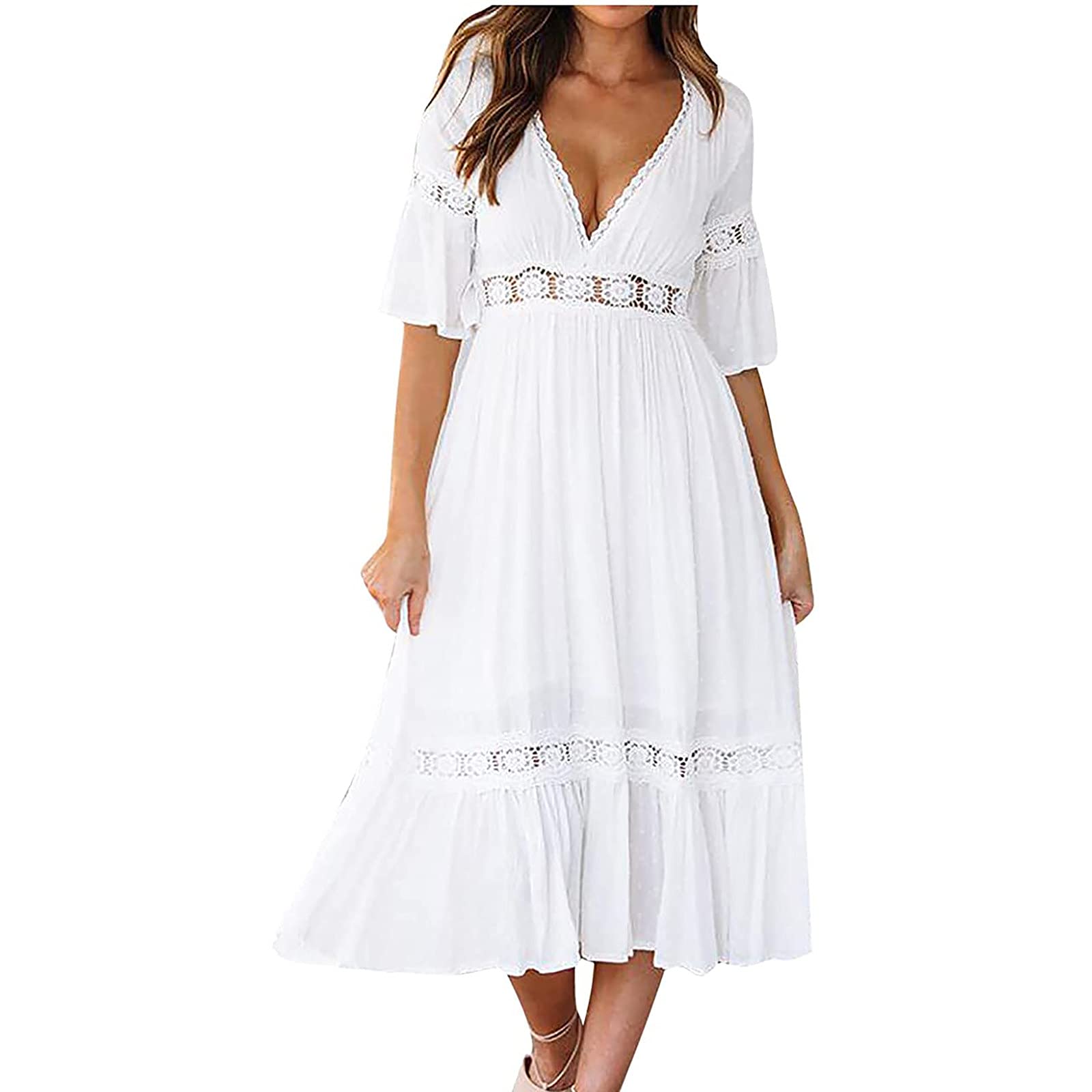 HAOLEI Vestidos Verano Mujer 2024,Sexy Manga Corta Vestido Mujer con Cuello en V Profund Moda Hueco Vestido Midi Color Solido Vestido Verano Mujer Informal Vestidos Ibicencos Mujer Blanco
