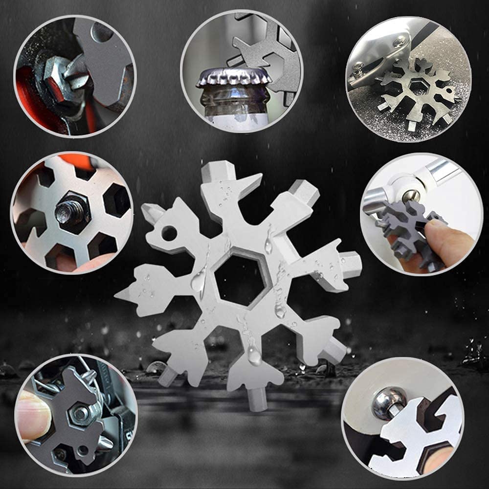 BOTIST Multi-Tool Keychain Screwdriver Bottle Opener Stainless Steel Multi Purpose Wrenches Combination Compact Outdoor Portable Tool Snowflake Shape (18 in 1) 3