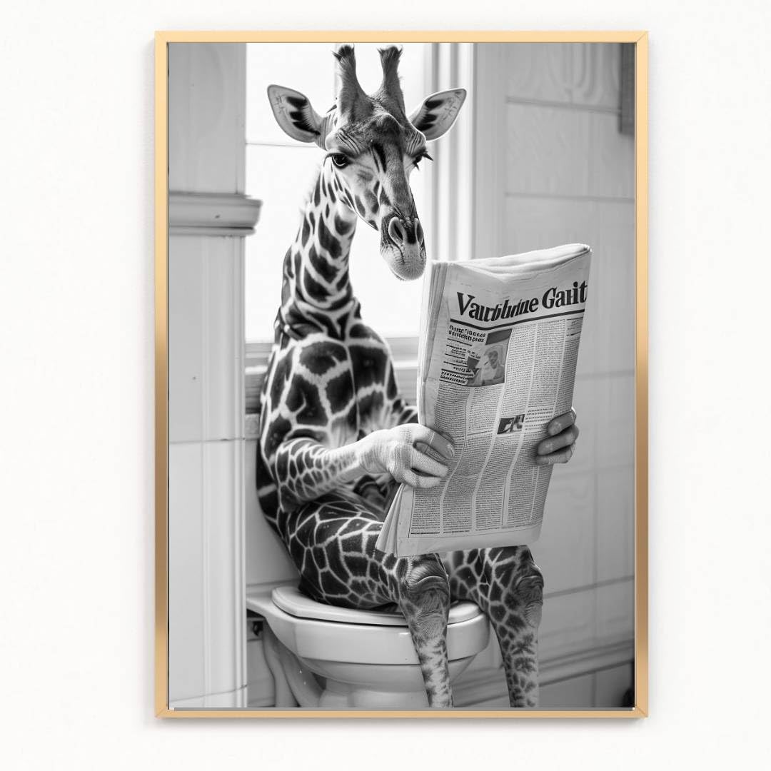 Gfc Black White Funny Bathroom Toilet Animal Print Picture Poster Giraffe On A Toilet Reading Newspaper A4 Unframed Wall Art Home Decor Decorating