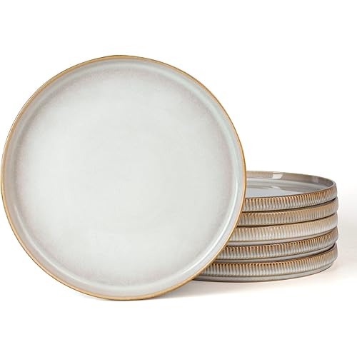 famiware Salad Plates for 6, 8 inches Plate Set, Stoneware Dinnerware, Small Dinner Plates for Dessert,Salad, Appetizer, Cappuccino White