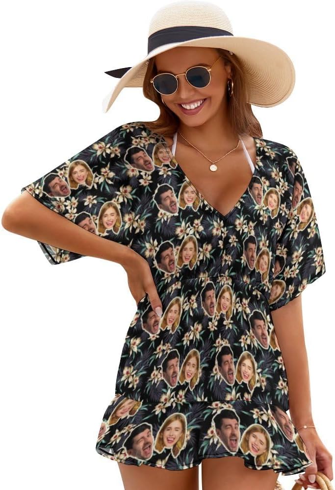 Custom Face Swimsuit Cover Up for Women Personalized Name Swim Cover Up Customized Hawaiian Bathing Suits Bikini Beach Cover