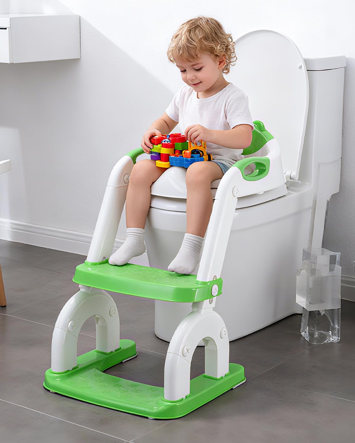 2-in-1 Toilettensitz Kinder mit Treppe, Upgraded WC Aufsatz für Kinder für Jungen und Mädchen, Toilettentrainer mit Treppe, Höhenverstellbar Bequemer Sicherer Toilettensitze (Grün Drei Treppe)
