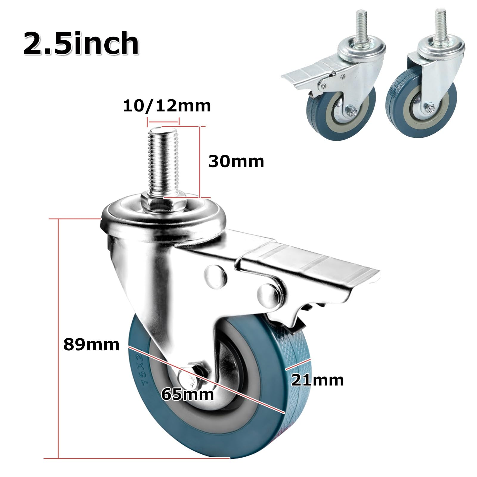 Zestaw 4 kółek do mebli 65 mm, 75 mm, skrętne i ciche, z hamulcami, wzmocniony gwint, nośność 80 kg, M10 M12, kółka przemysłowe