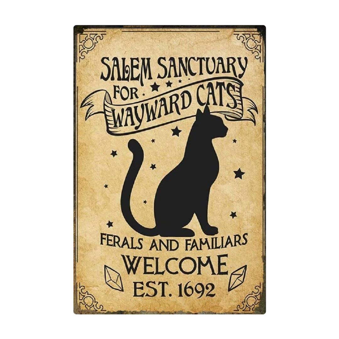 Targa In Metallo Retrò 20x30 Cm Con Gatto Nero - Cartello In Latta "Salem Sanctuary For Wayward & Domestic Cats" Per Decorazione Parete