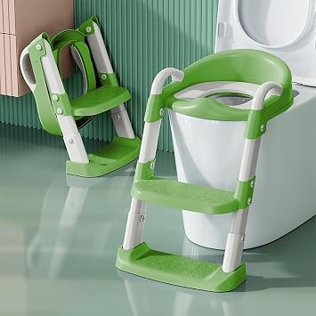 Potty Training Toilet Seat For Boys Girls, Toddler Toilet Seat With Step Stool Ladder, Foldable Toddler Potty Seat For Toilet With Non-Slip Design, Adjustable Height Green & White
