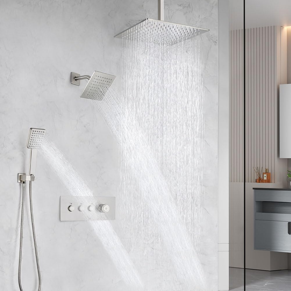 POP SANITARYWARE Shower Faucet Set Brushed Nickel Bathroom Rainfall Shower System, Ceiling Mount 12 Inch Shower Head with 6 Inch Wall Mount Shower Head Handle Set, Include Shower Valve and Trim Kit
