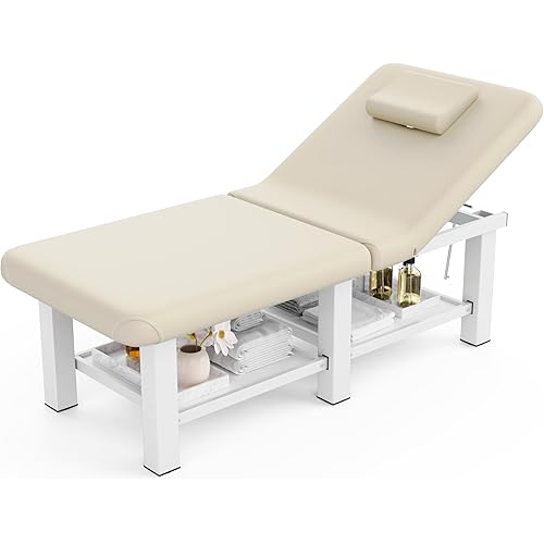 Folding Stationary Massage Table with Backrest and Storage Space for Treatment Table Physical Therapy Table Spa Facial Bed, 6 Square legs Metal Frame PU Leather, 30.5'' Wide × 75'' Long - Beige Gray