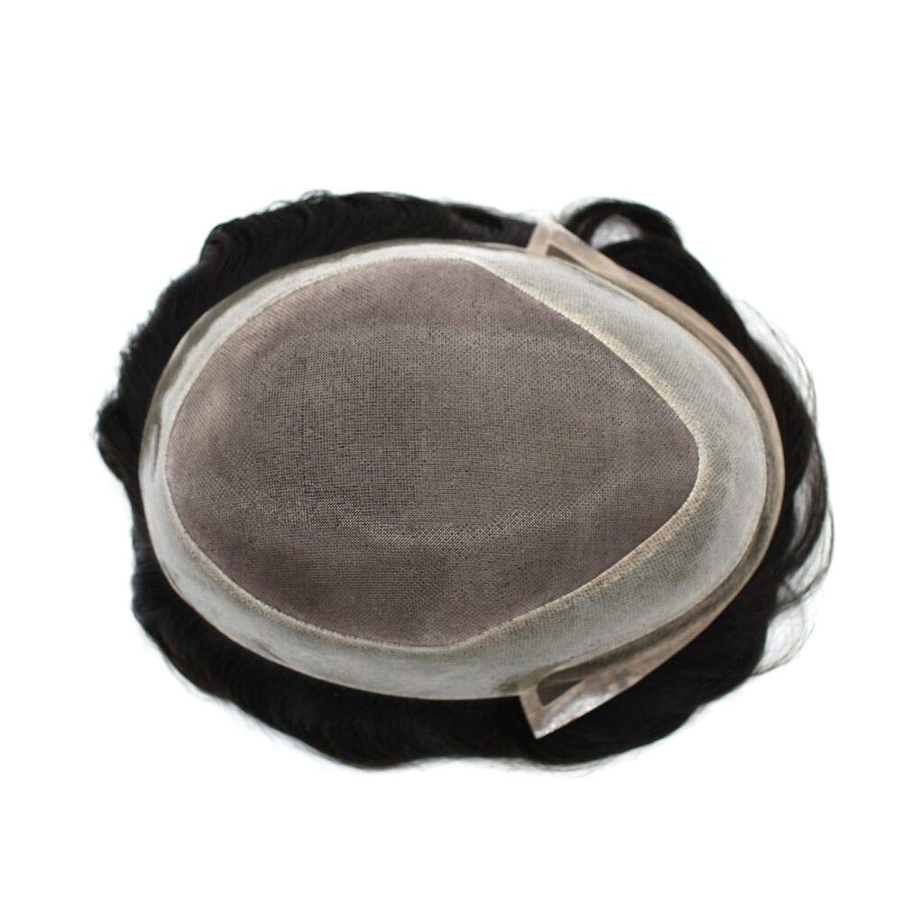 LHC Fine Mono Mens Toupee Poly Skin Around Natural Hairline Lace Front Bleached Knots Hairpieces Hair System Replacement Monofilament Wigs for Men (9''*6'', 1B# Off Black)