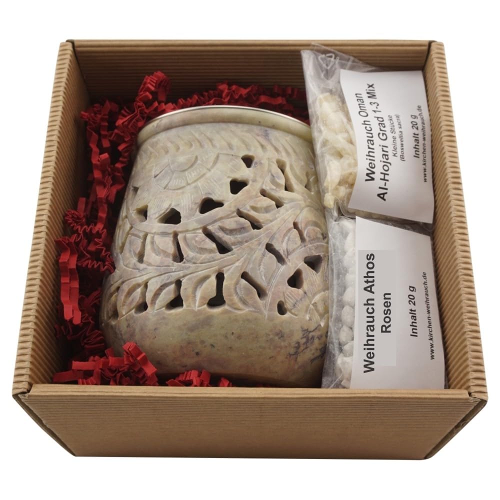 Geschenkset „Jamal“ - Räucherstövchen Speckstein– mit Metallsieb, Metallscheibe, 20 g Premium Weihrauch Al-Hojari & 20 g Weihrauch Athos Rosen – In hochwertiger Geschenkbox mit Räucheranleitung