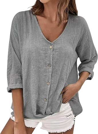Linen Button Down Shirt Women V Neck 3/4 Sleeve Tops Casual Loose Boho Side Slit Graphic Vintage Tees Work Blouses